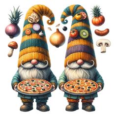 two gnomes with pizza and vegetables on their backs, one is holding a slice of pizza