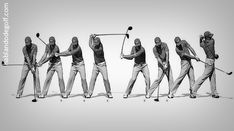 a group of men playing golf in different poses