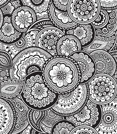 an intricate black and white background with lots of different designs on it, including flowers