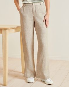 We revisited these linen trousers, your forever style staple, and improved the fit to give you even more to love. The rest remains the same: the classic lines of the Hepburn-esque silhouette make legs look miles long. Classic fit. Mid rise. Contoured waistband. Belt loops. Zip fly; button closure. Front slash pockets. Back welt pockets. Full length; straight leg. 31 inch inseam. 100% linen. Women's classic linen pants by Garnet Hill. Tan Linen Pants, Trousers Details, Rope Belt, Pants Women Fashion, Garnet Hill, Trouser Pants Women, Jumpsuit Trousers, Linen Trousers, Trouser Pants