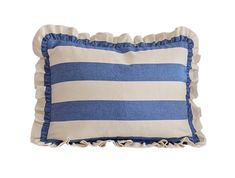 a blue and white striped pillow with ruffled edges