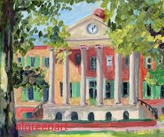 a painting of a building with columns and a clock on the top, in front of some trees