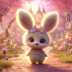 a cute little bunny is standing in the middle of a forest with pink flowers and fairy lights