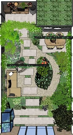 an aerial view of a small garden with lots of plants and seating around the perimeter