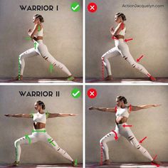 the woman is doing yoga exercises with her arms and legs in different positions, including one standing