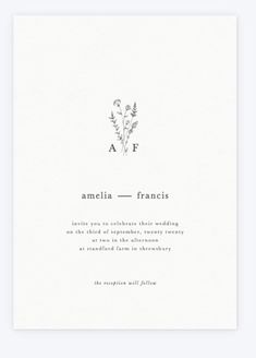 the front and back of a wedding card with an image of flowers in black ink