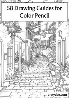 a coloring book with the title'58 drawing guides for color pencil'in black and white