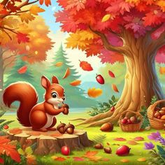 the squirrel is eating an acorn in the autumn forest illustration for children's books