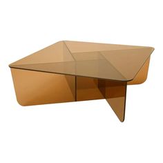 an unusual coffee table made out of plexed wood and glass, with triangular shaped top