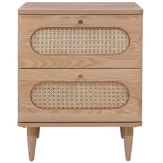 the two drawers are made out of wood and have rattan panels on each drawer