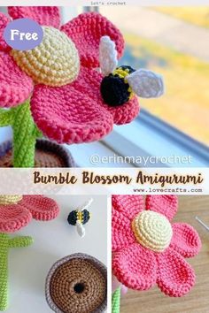 crocheted flowers are shown with the words bumble blossom, and an image of a