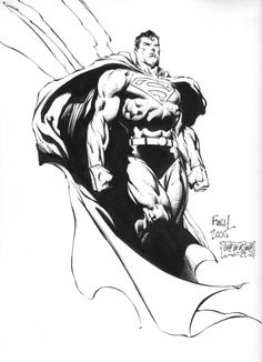 a black and white drawing of a man in a superman suit with his cape open