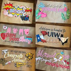 six handmade birthday patches are displayed on brown paper with white writing and colorful designs