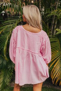 - Keep it simple and cute with this flowy top! - Unlined material with crochet accents - A round neckline - Loose ¾ length sleeves with elastic cuffs - A flowy babydoll silhouette that ends in a straight hemline Measurements S : Bust 60", Hip 56", Length 25.5", Sleeve Length 13", Waist 58". M : Bust 62", Hip 58", Length 26", Sleeve Length 13", Waist 60". L : Bust 64", Hip 60", Length 26.5", Sleeve Length 13.5", Waist 62". Pink Half Sleeve Blouse For Summer, Pink Half Sleeve Summer Blouse, Pink Cotton Blouse With 3/4 Sleeves, Pink Peasant Top For Summer Vacation, Feminine Flowy Peasant Top For Beach, Flowy Pink Top For Vacation, Pink Flowy Cotton Top, Flowy Pink Cotton Tops, Pink Bohemian Peasant Top For Beach