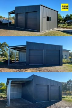 three different views of a garage with the doors open and two side by side photos