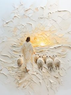 a painting of jesus walking with his flock