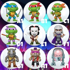 the teenage mutant ninjas are all in different poses and sizes, with their names on them