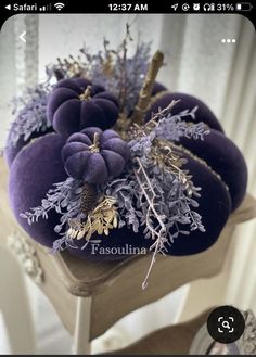 purple velvet pumpkins with silver and gold accents