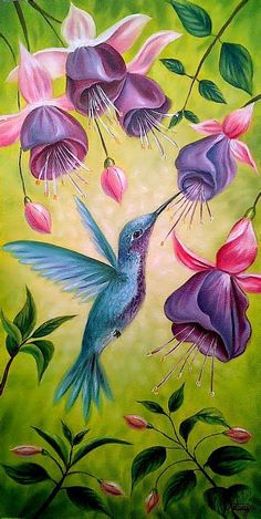 a painting of a hummingbird feeding from a flower with pink and purple flowers in the background