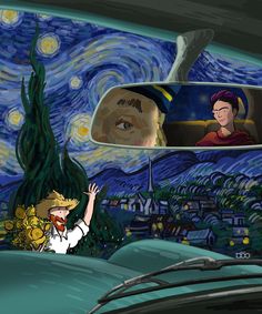 two people in a car looking at the starry night painting on the side mirror