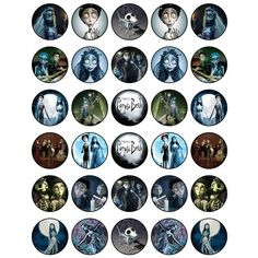 a collection of harry potter buttons in various sizes and colors, with images of the characters on them