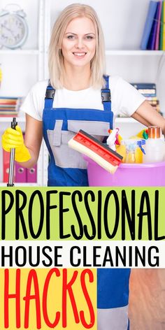 the professional house cleaning hacks book cover shows a woman in overalls holding a bucket and mop