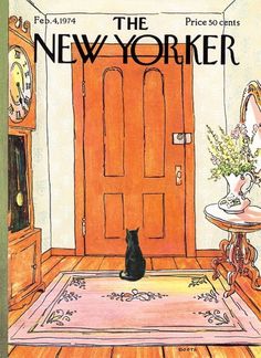 a black cat sitting on top of a rug in front of a door and clock