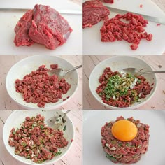 the process of making meatballs is shown in four different stages, including being ground and diced