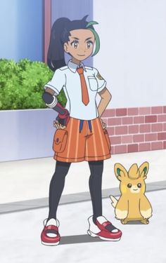 a woman standing next to a small pokemon pikachu