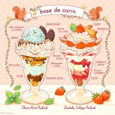 two ice cream sundaes with different toppings and names on the top one is labeled base de carin