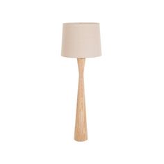 a wooden table lamp with a white shade