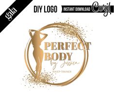 the perfect body by jesus logo is shown in gold and black with glitters on it