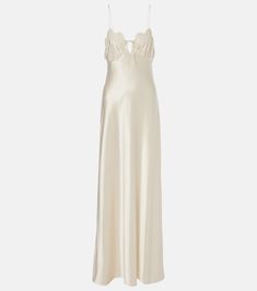 Lace-trimmed silk satin gown in neutrals - Saint Laurent | Mytheresa Saint Laurent White Dress, Saint Laurent Gown, White Night Gown, Wedding Rehearsal Outfit, Rehearsal Dinner Attire, Dinner Attire, Italy Wedding Dress, Memory Hyuga, Uzun Boy