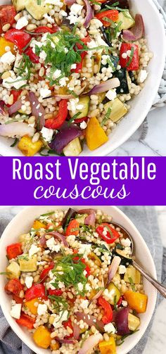 two bowls filled with different types of vegetables and the words roast vegetable couscous