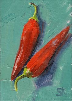 a painting of two red peppers on a blue background, with one green pepper in the foreground