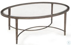 an oval glass table with metal legs and a silver frame around the top, on a white background