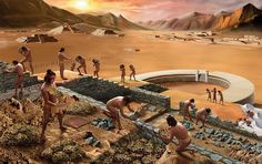 an artist's rendering of some people in the desert working on their own structures