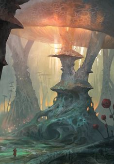 a fantasy forest scene with mushrooms and trees