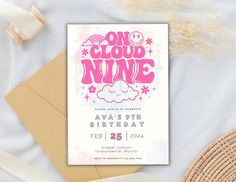 a pink and white birthday card with the words cloud nine on it