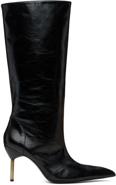 Knee-high crinkled calfskin boots in black. · Pointed toe · Buffed leather lining · Metal stiletto heel with rubber injection · Leather sole · Antiqued brass-tone hardware · Heel: H3.75 Supplier color: Black Tall Brown Boots, Black Boots Tall, Rounded Toe Boots, Black Suede Boots, Boots Knee, Designer Boots, Tall Boots, Suede Boots, Brown Boots