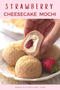 strawberry cheesecake mochi recipe on a plate with strawberries