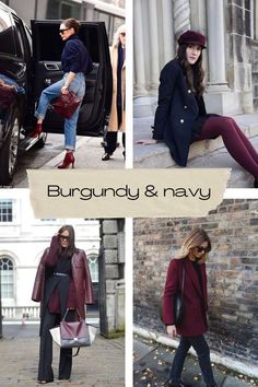 Navy And Burgundy Outfits, Fall Outfits For Deep Winter, Burgundy And Navy Outfit Ideas, Color Analysis Winter Outfits, Wine Blazer Outfits For Women, Teal And Burgundy Outfit, Navy Blue And Burgundy Outfit, Navy And Maroon Outfit, Burgundy Fashion Outfits