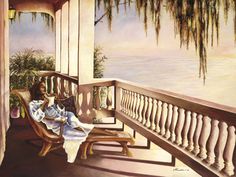 a painting of a woman sitting on a porch next to the ocean reading a book