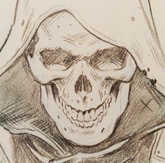 a drawing of a skull wearing a hood