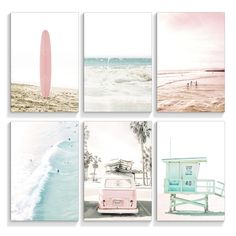 four different pictures of the beach with surfboards and lifeguards on them,