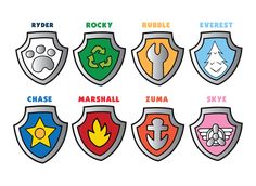 several different colored shields with the names of them