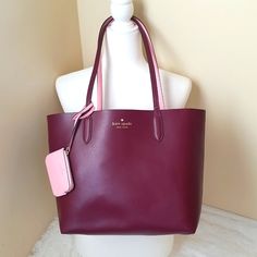 Kate Spade Ava Reversible Tote Bag. * 11.42" X16.73w At The Top 12.2"W At Bottom X6.30"D * Handle Drop 10.5 * Refine Grain Leather * Foil Embossed Logo * With Detachable Coin Purse * Open Top Closure * No Dust Bag Included * Color Deep Berry / Pink * Style No. K6052 Pink Reversible Shoulder Bag For Shopping, Elegant Reversible Shoulder Bag For Shopping, Taupe Handbag, Grey Tote Bags, True Summer, Glitter Bag, Reversible Tote Bag, White Tote Bag, Kate Spade Totes