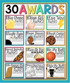 an award poster with the words, 30 awards and some pictures on it in different colors