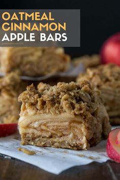 apple crisp bars stacked on top of each other with apples in the background and text overlay