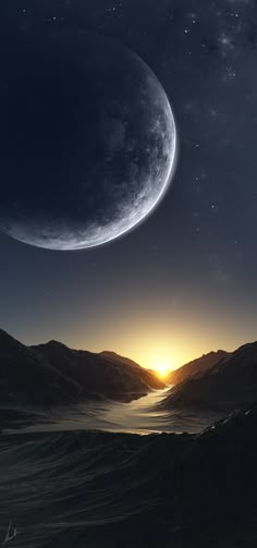 an artist's rendering of the sun setting over mountains and water with a distant planet in the background